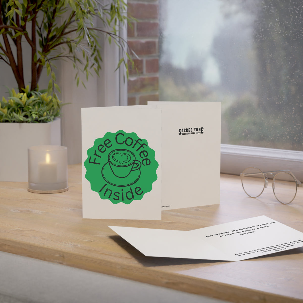 Free Cup Of Coffee Greeting Card on Table | Sacred Tune