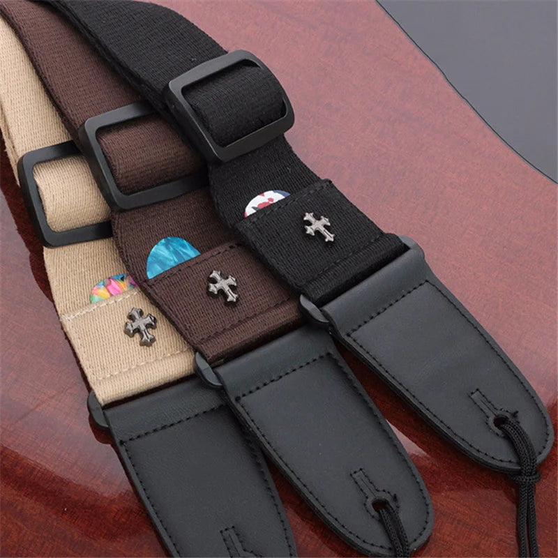Guitar Strap with Cross And Pocket for Pick - all three colors on guitar | Sacred Tune
