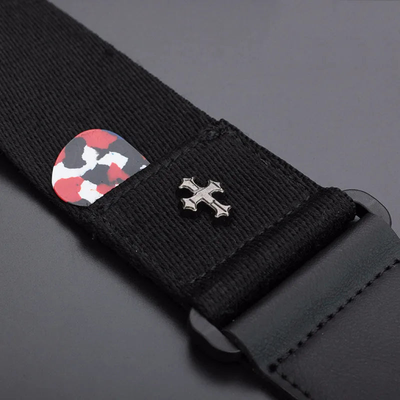 Black Guitar Strap with pick pocket clope-up | Sacred Tune