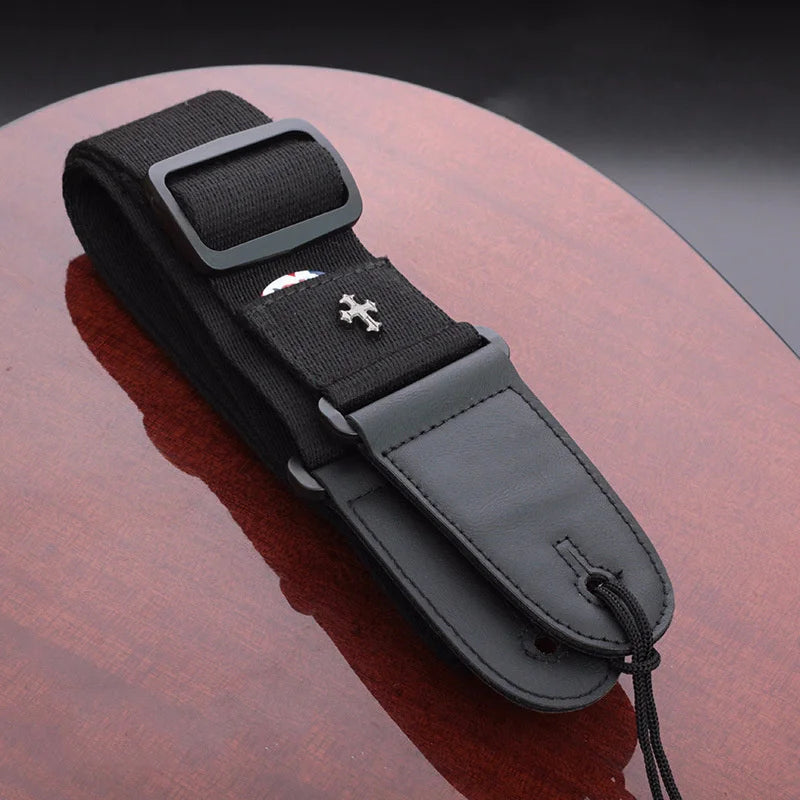 Black Guitar Strap Shown on guitar | Sacred Tune
