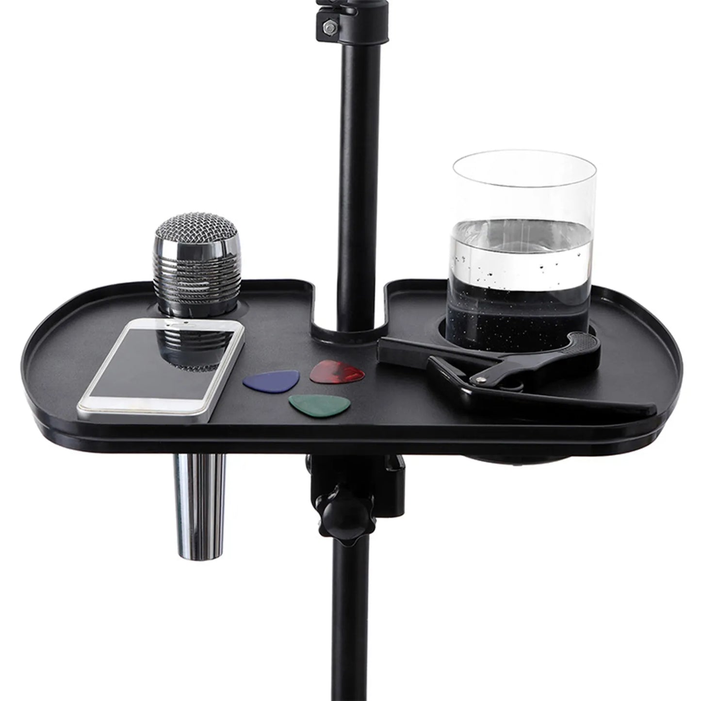 Microphone Stand Cup Holder and Shelf with microphone and phone in tray | Sacred Tune