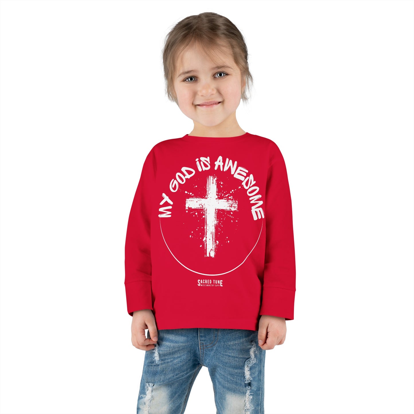 My God Is Awesome Long Sleeve Tee on Model 2 | Sacred Tune