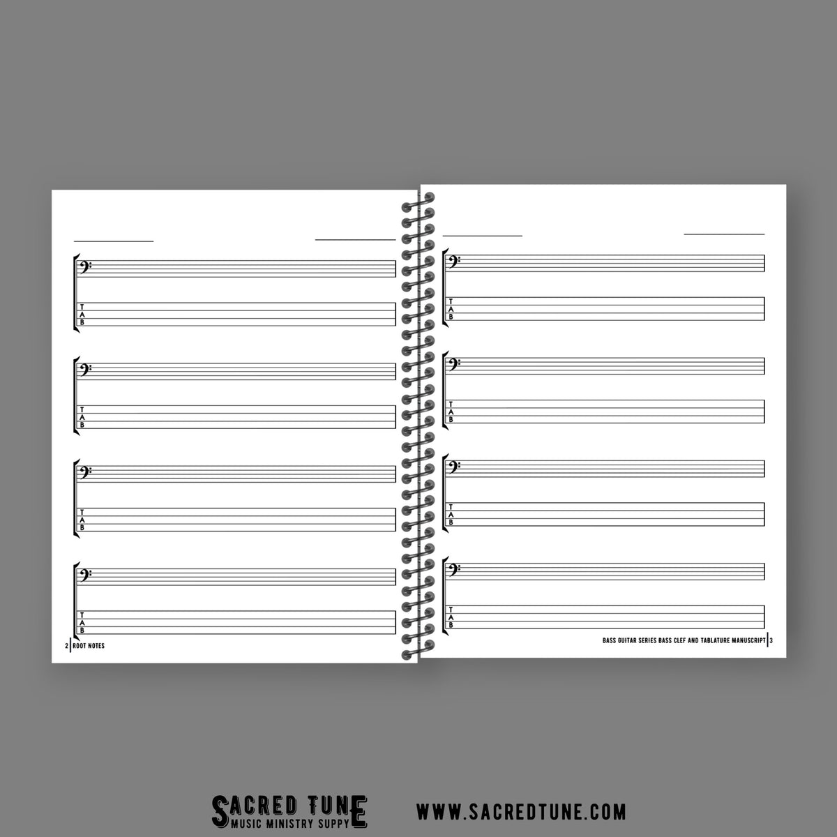 Root Notes Notebook Interior - Bass Guitar Bass clef and Tablature manuscript | Sacred Tune