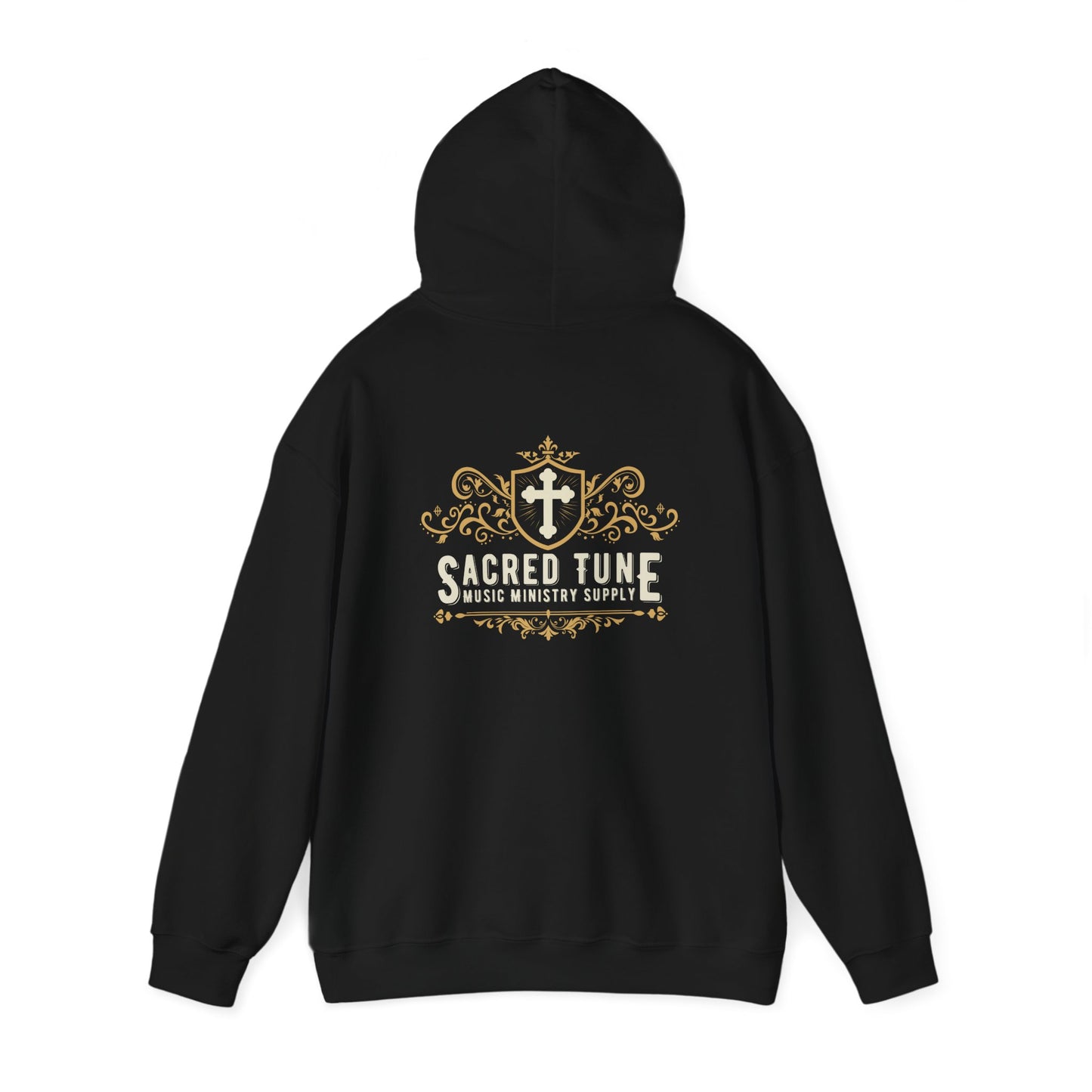 Sacred Tune Hoodie in black - back with hood up | Sacred Tune