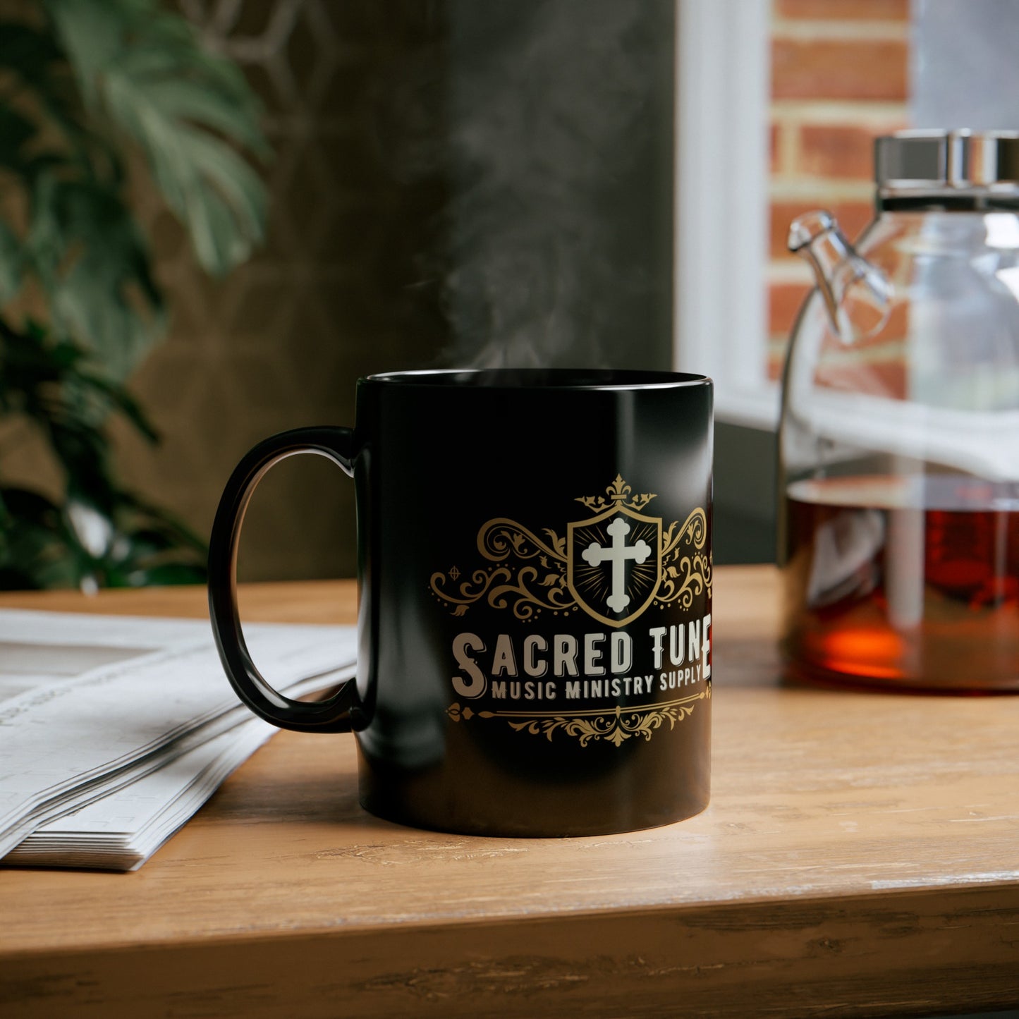 Sacred Tune Mug - Psalm 100:1-2 on desk | Sacred Tune