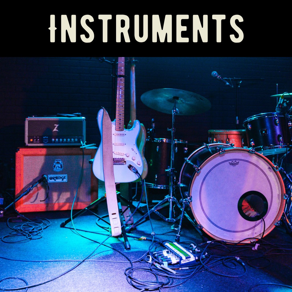 Explore our collection of instruments and accessories including guitars, bass guitars, keyboards, ukuleles, drums, and more!