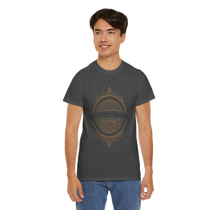 But First Prayer Tee Shirt in dark heather grey color on male model | Sacred Tune