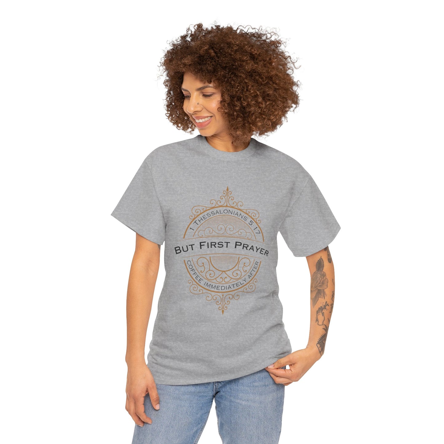 But First Prayer Tee Shirt in grey on female model | Sacred Tune