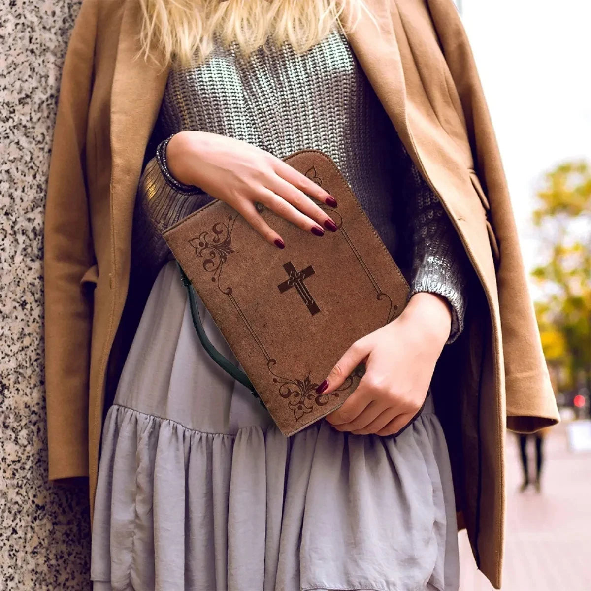 Model Holding Classic Faux Leather Bible | Sacred Tune