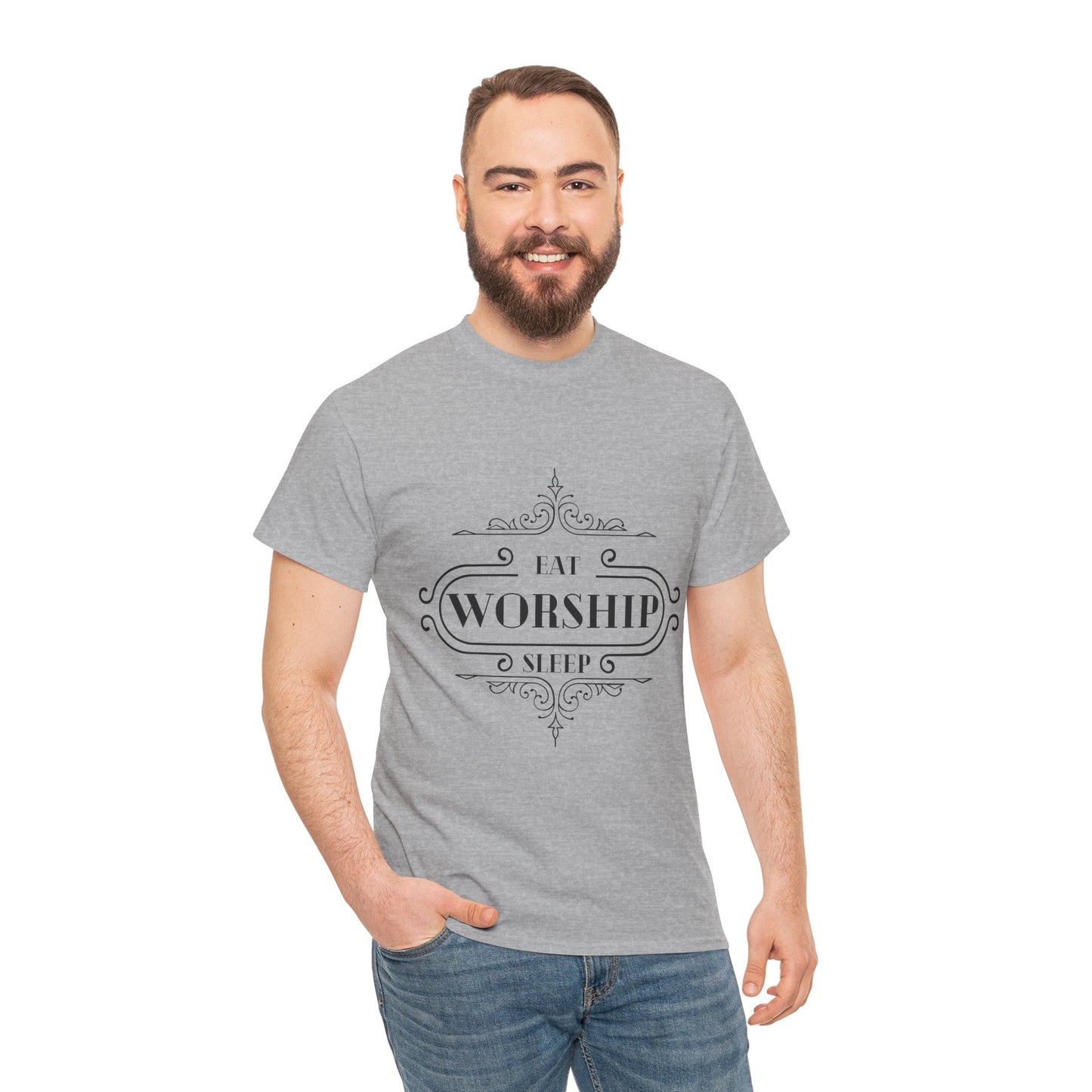 Eat Sleep Worship Tee Shirt in grey on male model | Sacred Tune