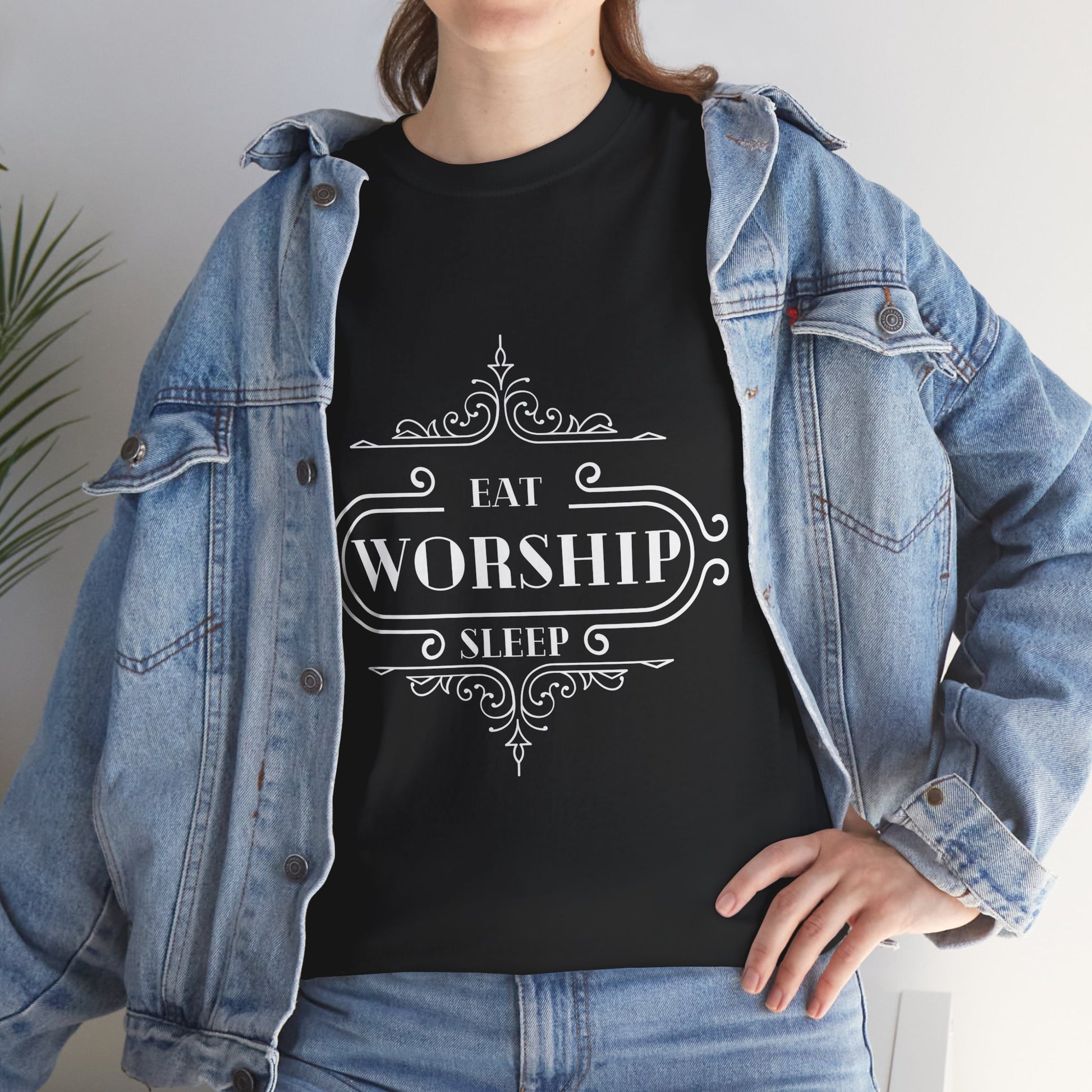 Eat Sleep Worship Tee Shirt in Black on female model wearing a denim jacket - Sacred Tune | Sacred Tune