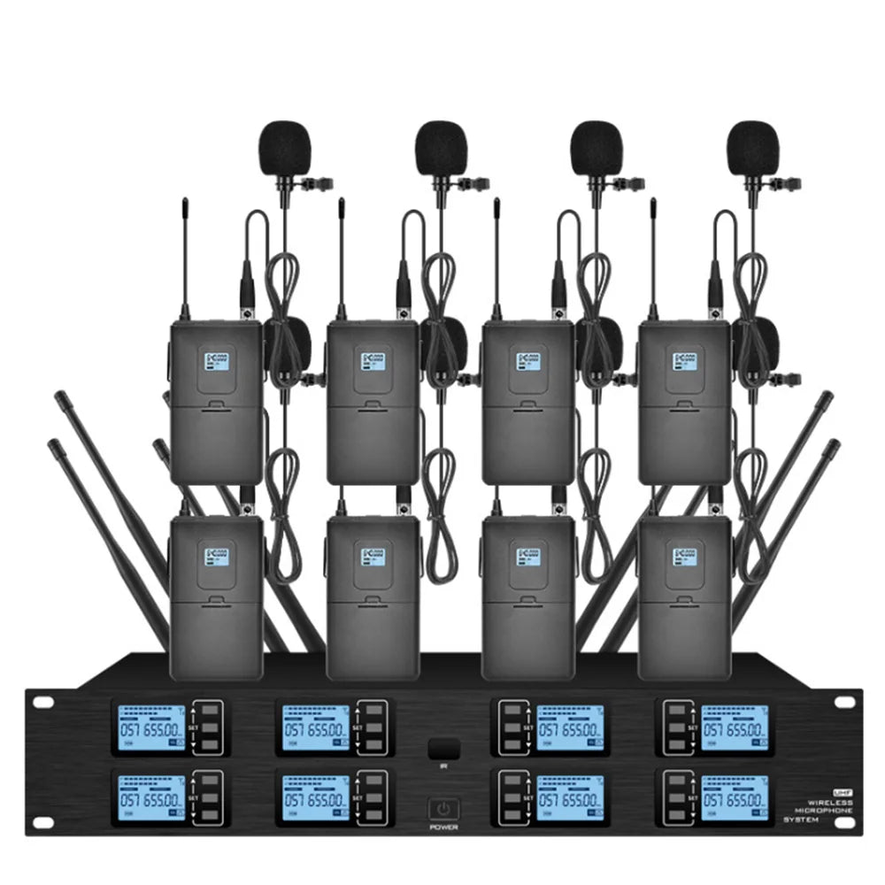 Wireless Microphone System - 8 Channel with eight lavalier lapel clip-on microphones | Sacred Tune