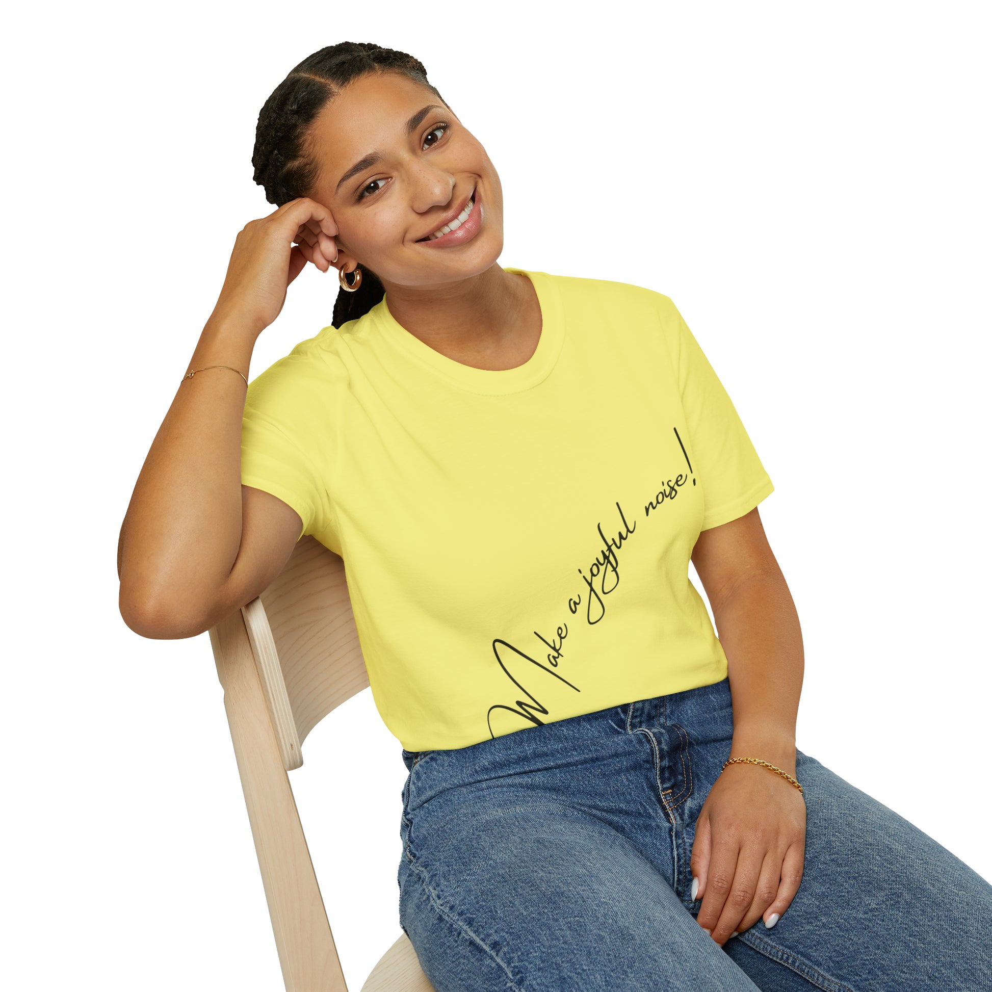 Make a Joyful Noise! T shirt on female model | Sacred Tune