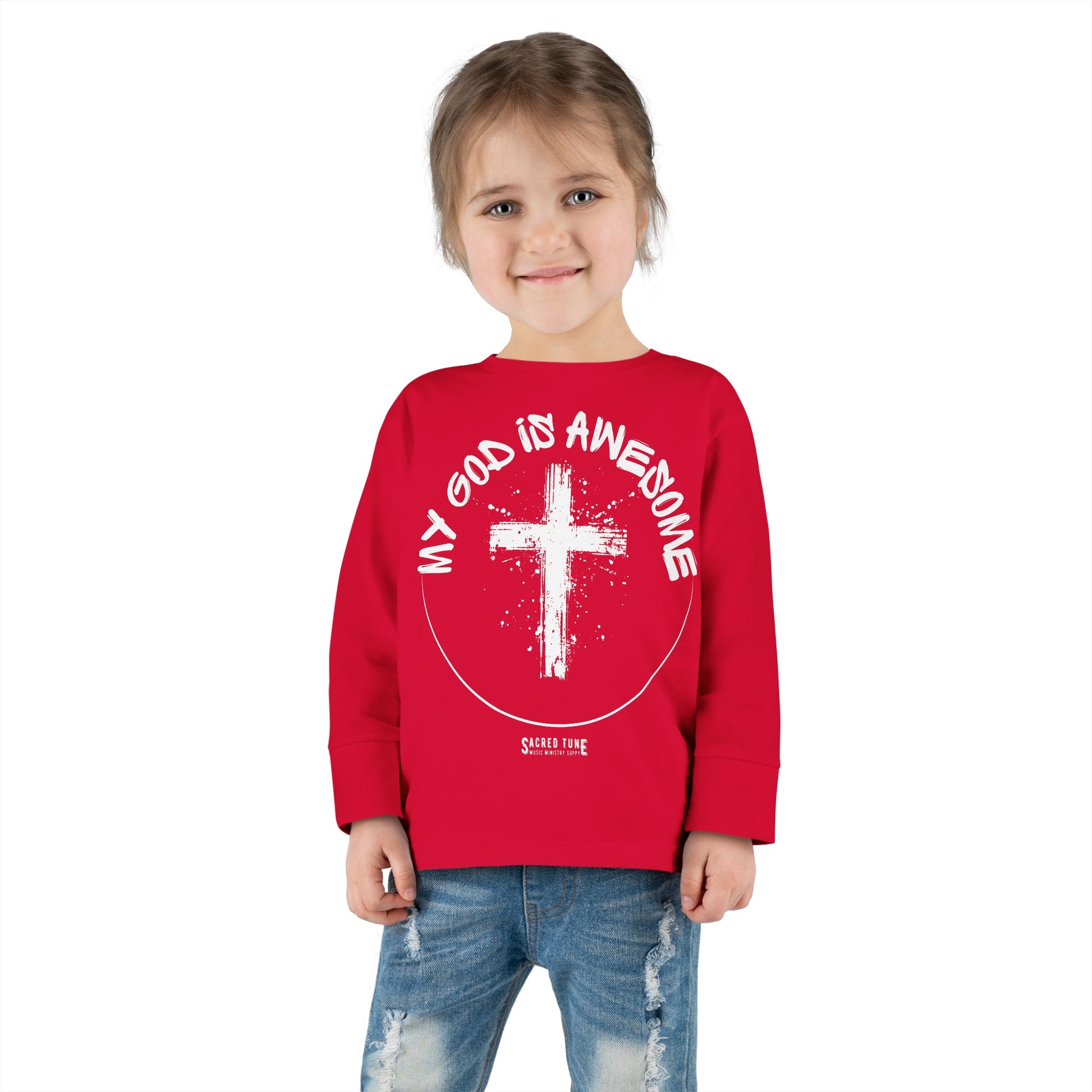 My God Is Awesome Long Sleeve Tee on Model 2 | Sacred Tune