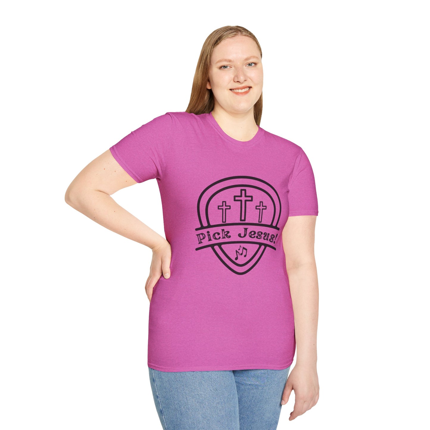 Pick Jesus! T-Shirt - Heather Berry Color on Model | Sacred Tune