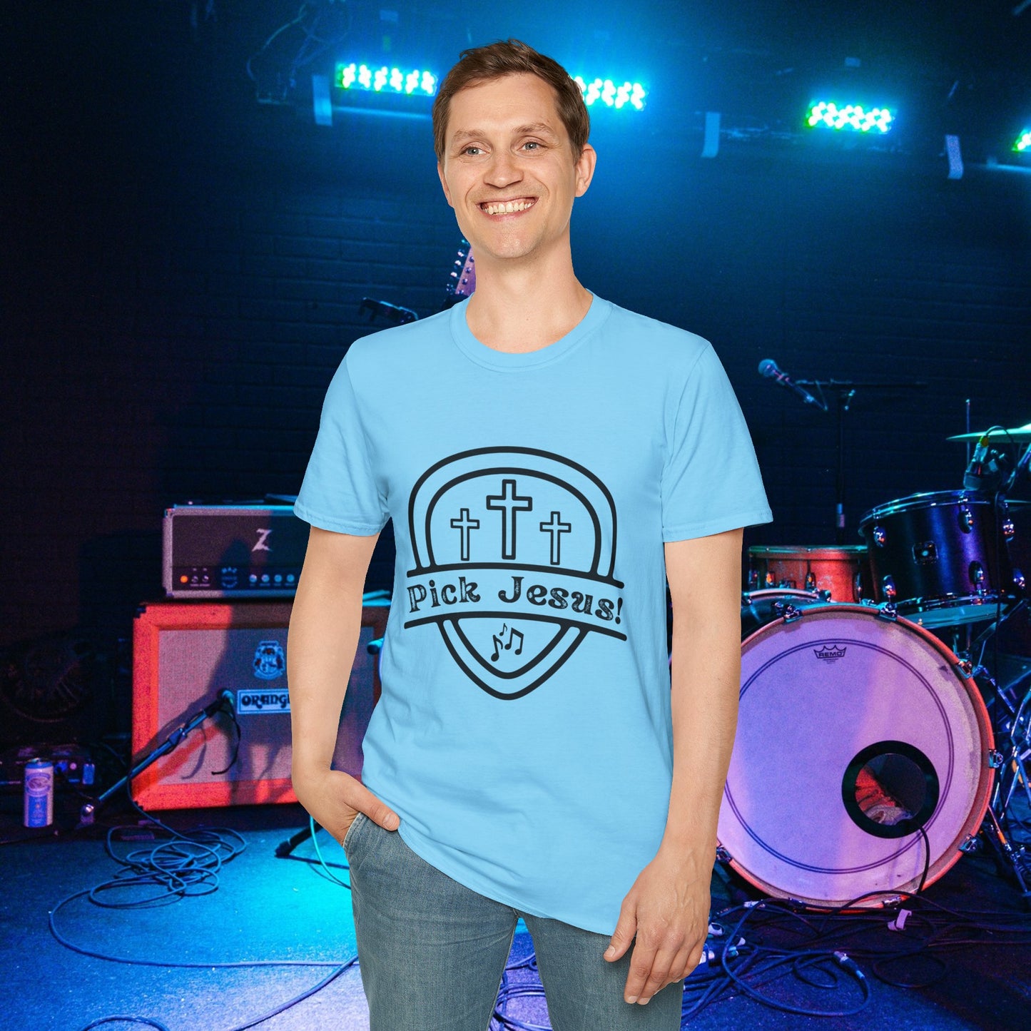 Pick Jesus! T-Shirt - Blue Shirt on Model | Sacred Tune