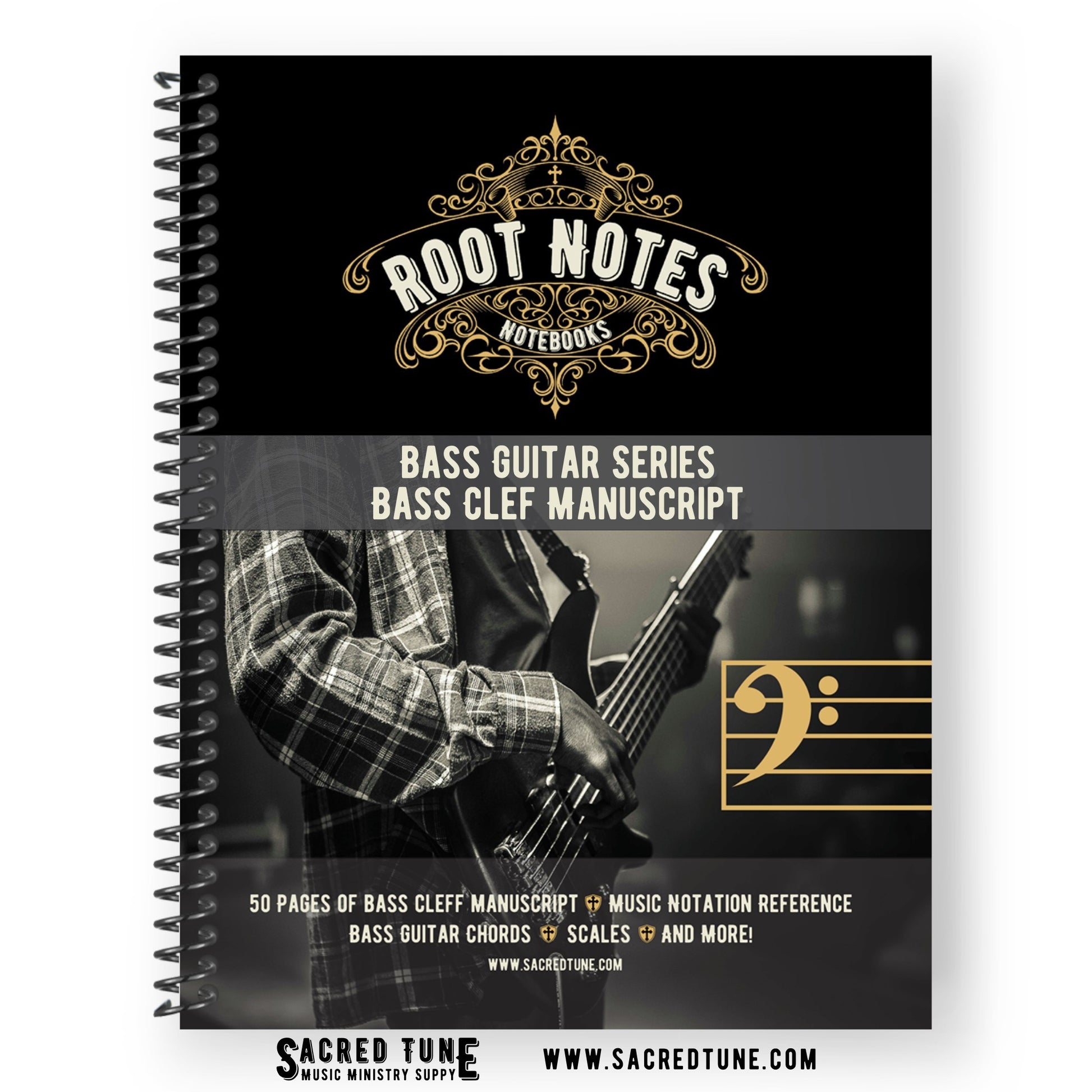 Root Notes - Bass Guitar Series - Bass Clef Manuscript - Front Cover | Sacred Tune