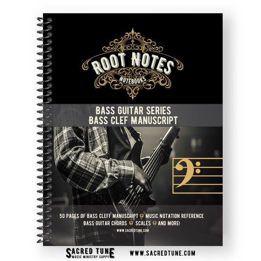 Root Notes - Bass Guitar Series - Bass Clef Manuscript - Front Cover | Sacred Tune