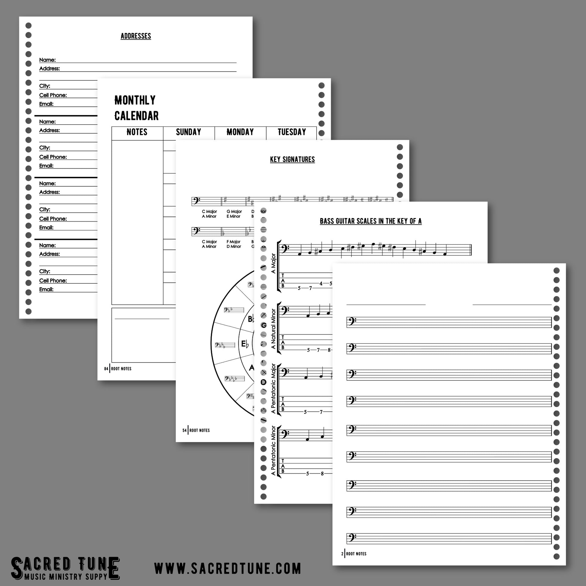 Root Notes - Bass Guitar Series - Bass Clef Manuscript - Addresses, Monthly Calendar, Key Signatures, Scales, and Manuscript | Sacred Tune