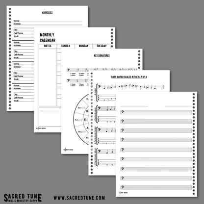 Root Notes - Bass Guitar Series - Bass Clef Manuscript - Addresses, Monthly Calendar, Key Signatures, Scales, and Manuscript | Sacred Tune