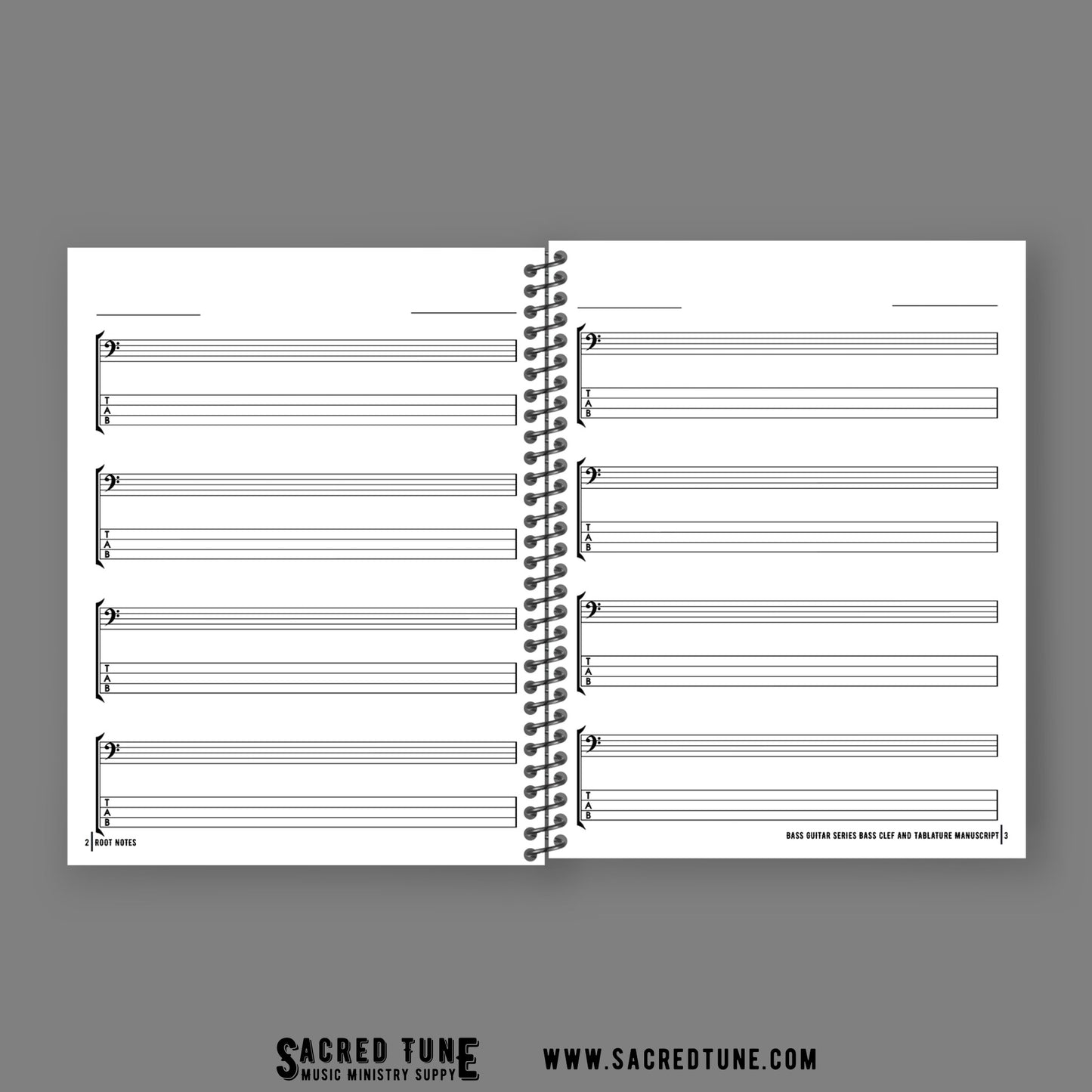 Root Notes Notebook Interior - Bass Guitar Bass clef and Tablature manuscript | Sacred Tune