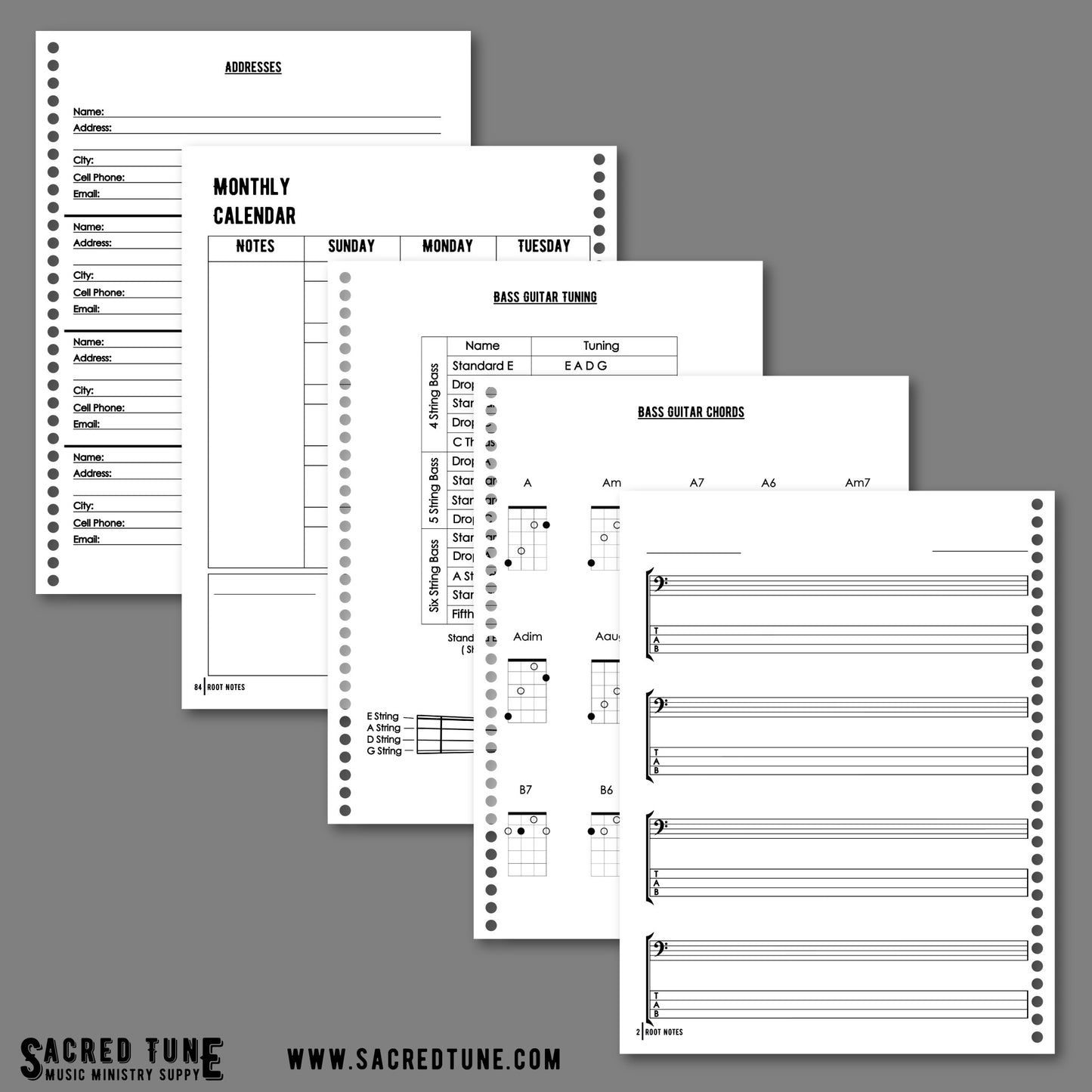 Root Notes Notebooks Bass Guitar various pages of address book, Calendar, Tuning Guide, Chords, and Manuscript | Sacred Tune