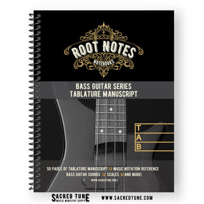 Root Notes Notebook for Bass Guitar with Tablature Manuscript Front Cover  | Sacred Tune