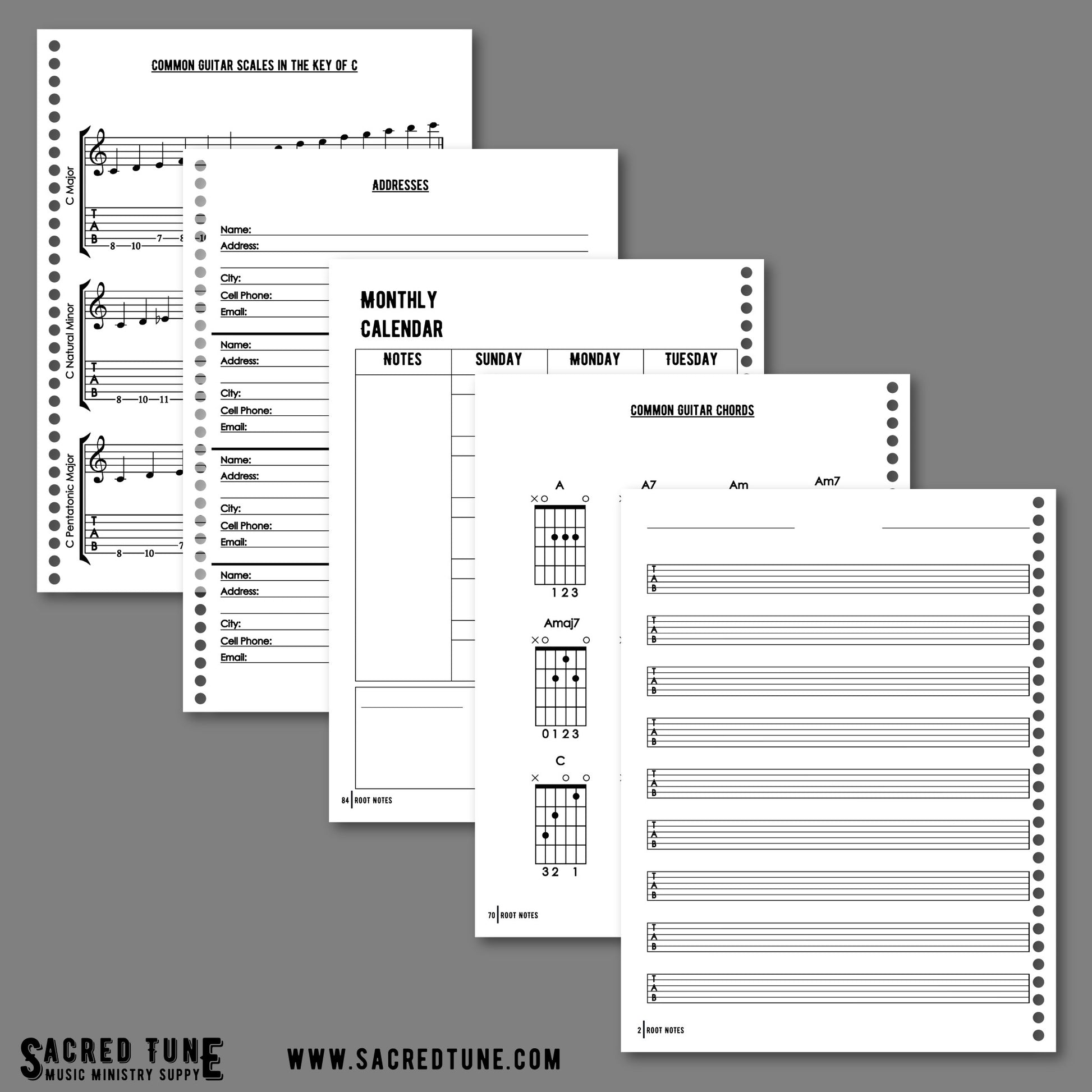 Root Notes - Guitar Tablature Manuscript - Scales, Address Book, Calendar, Chords, and TAB or Tablature Manuscript | Sacred Tune