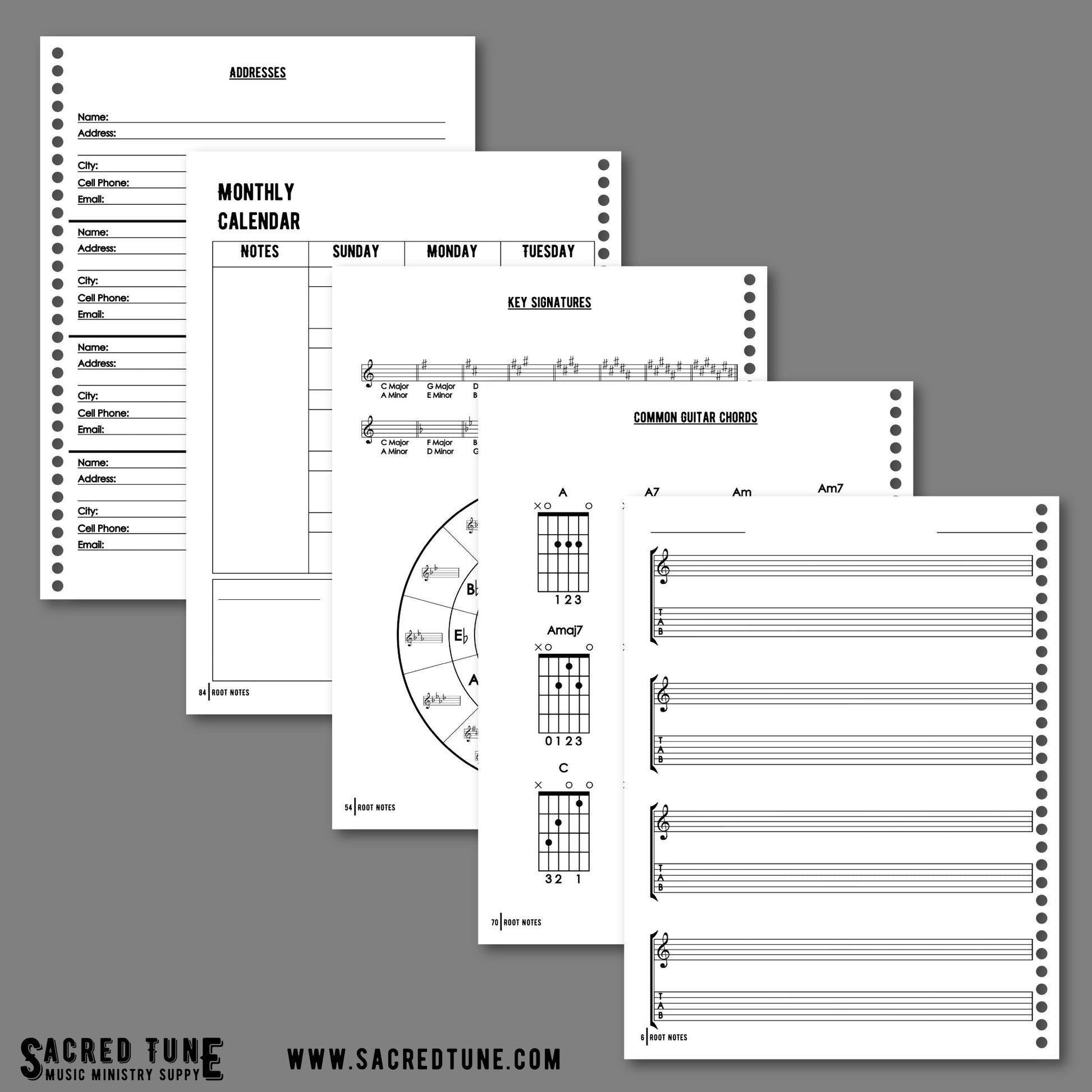 Root Notes - Guitar Series - Treble Clef and Tablature Manuscript - Addresses, Calendar, Key Signatures, Chords, and Combined Staff and TAB Manuscript | Sacred Tune