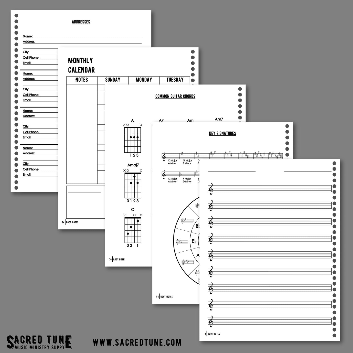 Root Notes - Guitar Series - Treble Clef Manuscript - Addresses, Calendar, Chords, Key Signatures, and Treble Clef Manuscript | Sacred Tune