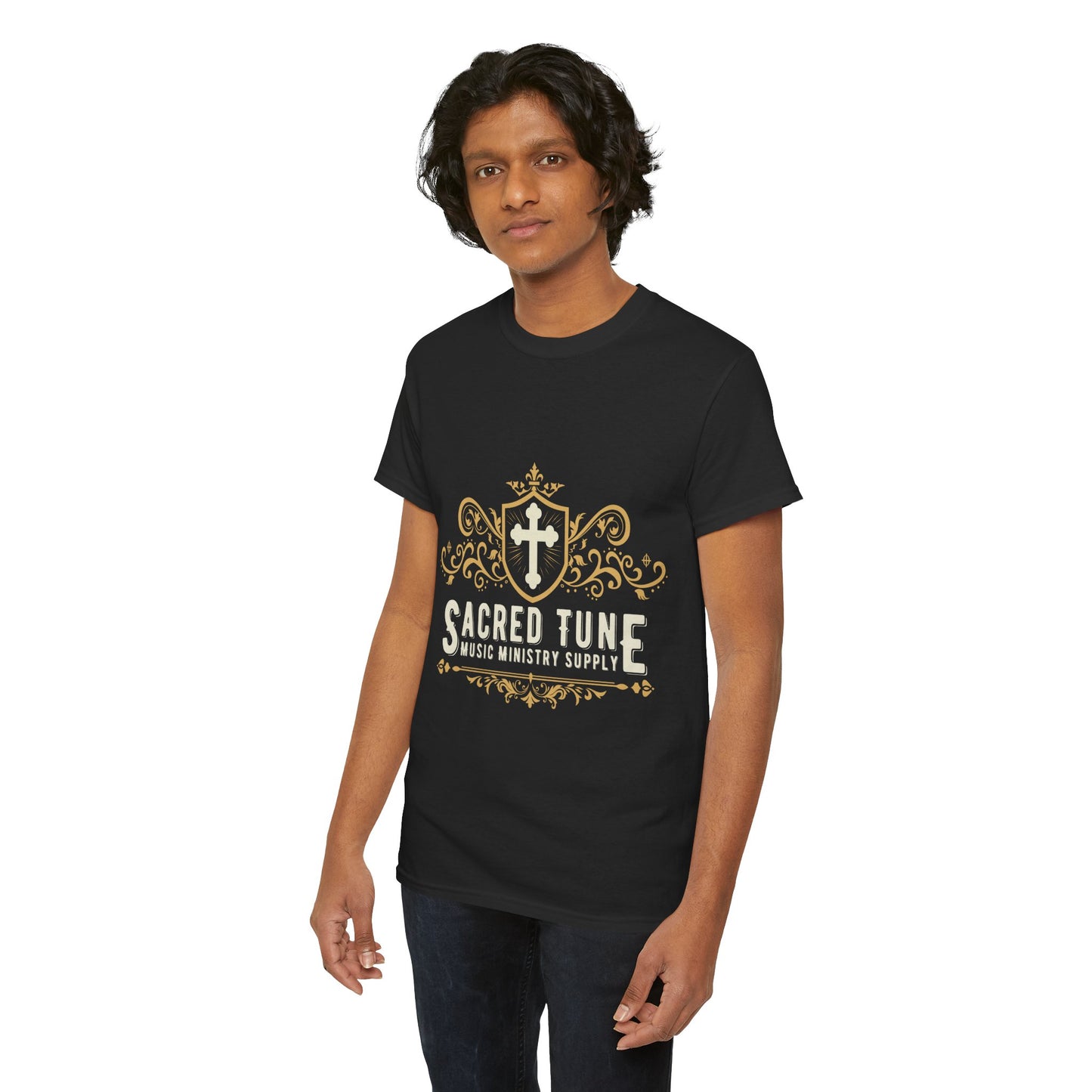 Sacred Tune Tee model in black shirt | Sacred Tune