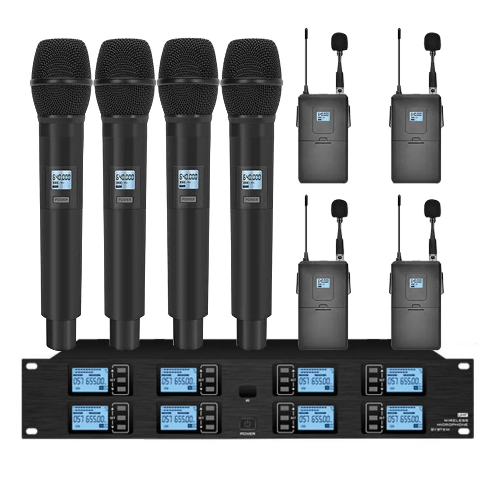 Wireless Microphone System - 8 Channel Combination of four handheld wireless microphones and four lavalier or lapel clip-on microphones | Sacred Tune