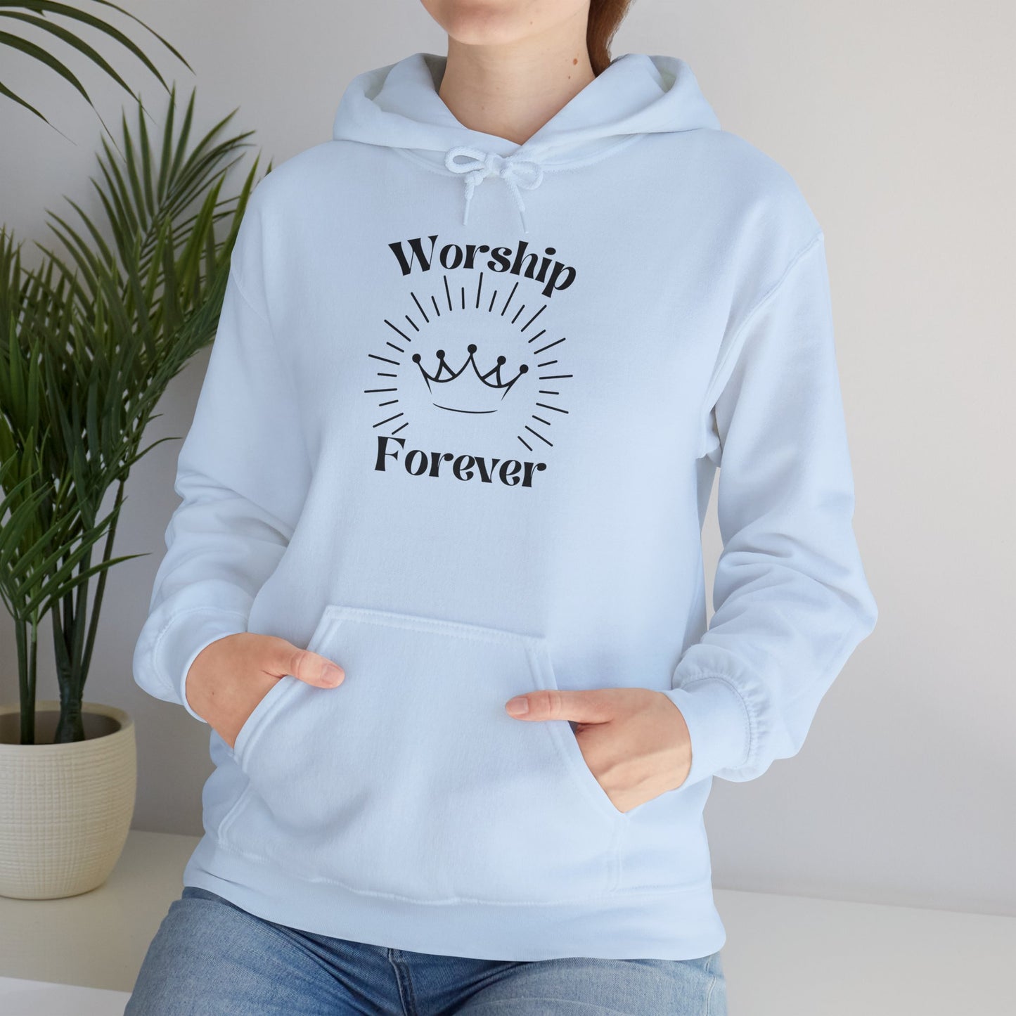 Worship Forever Hoodie in Blue Color on Female Model | Sacred Tune